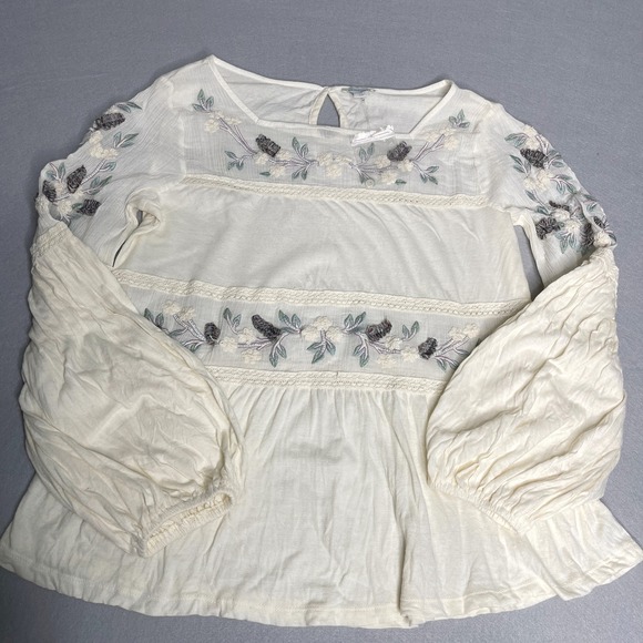 Sundance Cream Floral Embroidered Boho Peasant Blouse Lace Trim Cotton Linen - Picture 4 of 7